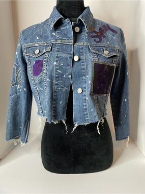 Women's up-cycled  Distressed Cropped Denim Jacket ♍️